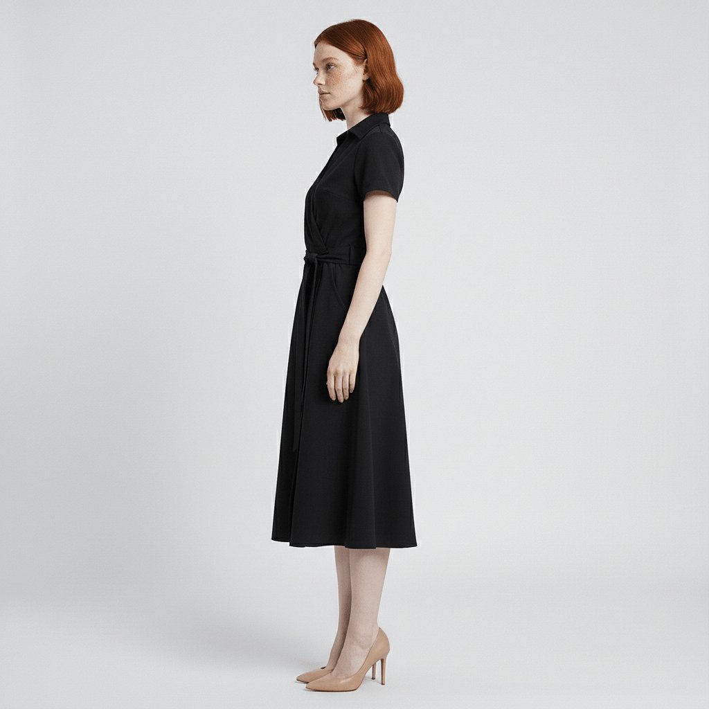 Elegant A-linje midikjole til dame, V-hals og belte, henger. En allsidig hverdagskjole.