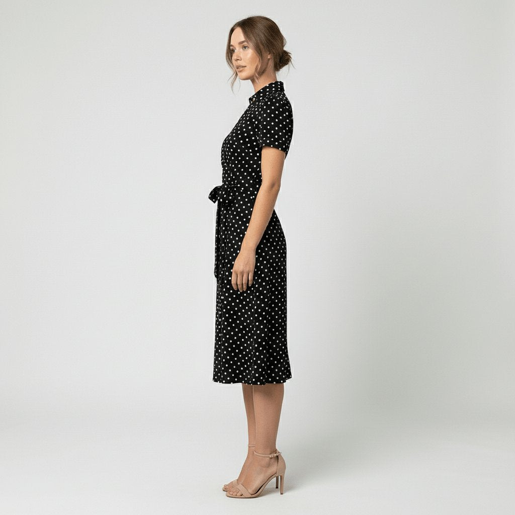 Lett og elegant A-linje sommerkjole for dame med V-hals og belte. Ideell for varme dager.