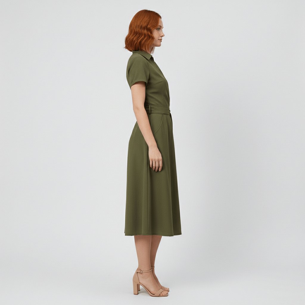Festklar elegant damekjole, A-linje midi med V-hals og markert midje. En vakker festkjole.