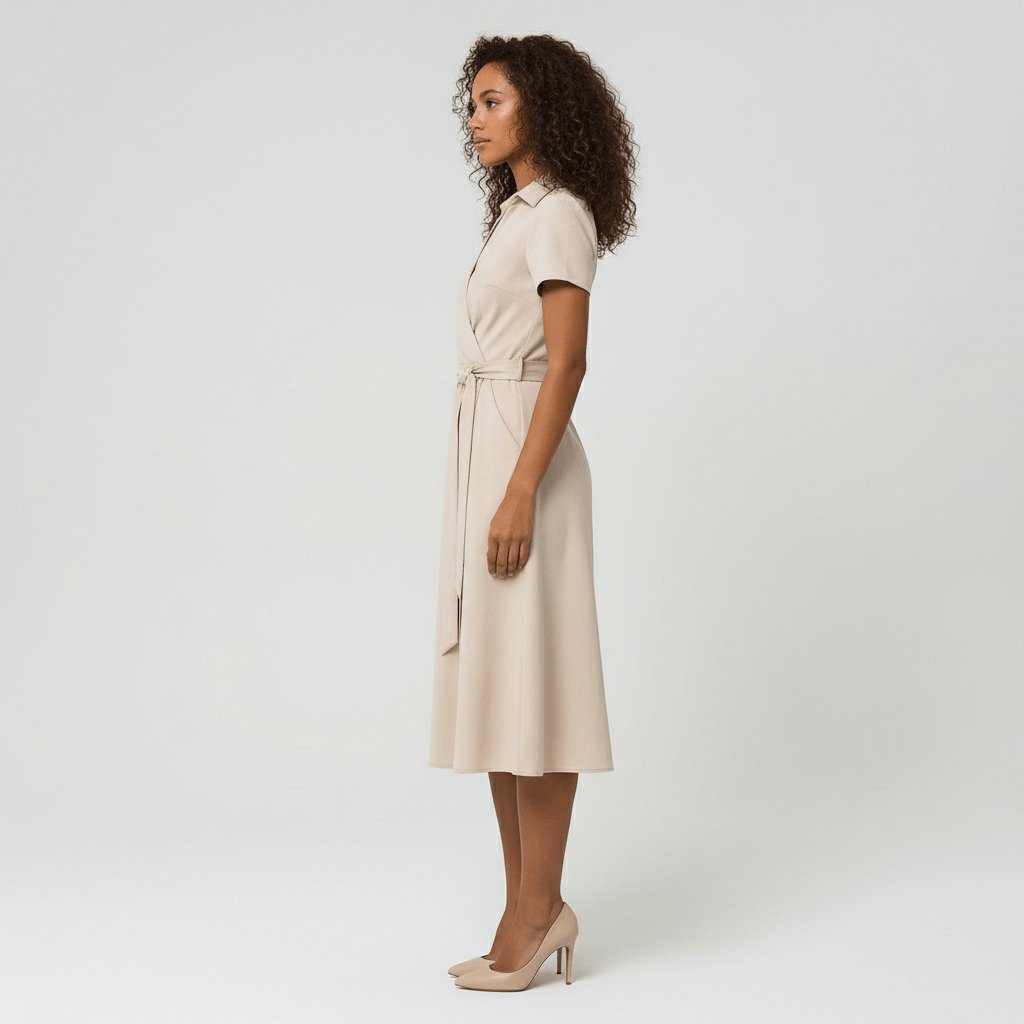 Flytende A-linje midikjole til dame med V-hals og belte, for en grasiøs, elegant look.