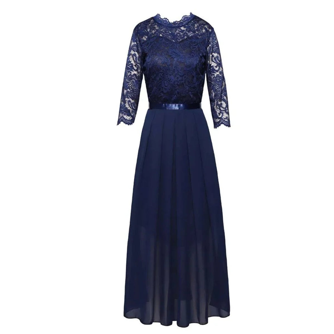 Formell damekjole, en klassisk maxi kveldskjole med elegante plisserte ermer for selskapsantrekk.