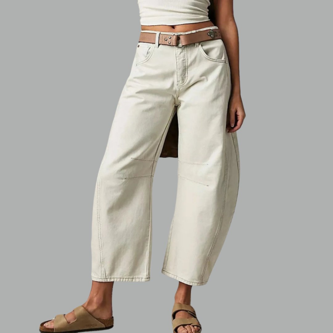 Kvinne cropped barrel leg jeans, mid-rise, stilige fritidsbukser for en komfortabel dag.