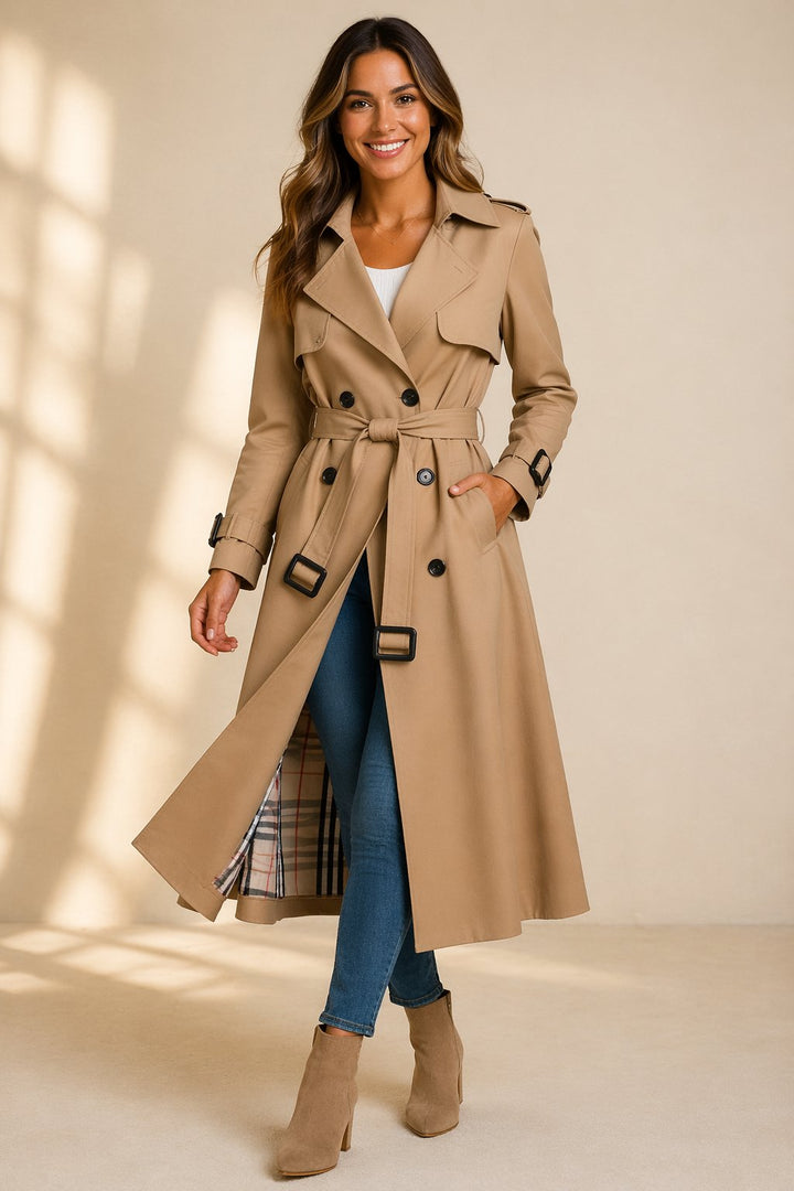 Kvinne dobbelspent trench coat i klassisk svart, lang yttertøy med belte for en tidløs look.