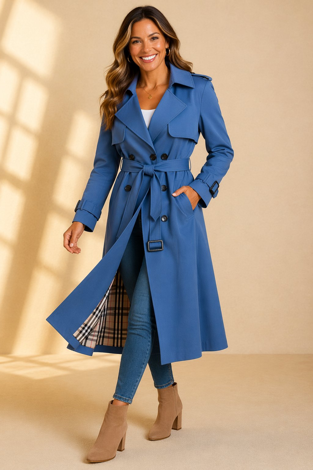 Allsidig dobbelspent trench coat for kvinne, elegant og med belte, passer for vår og høst.