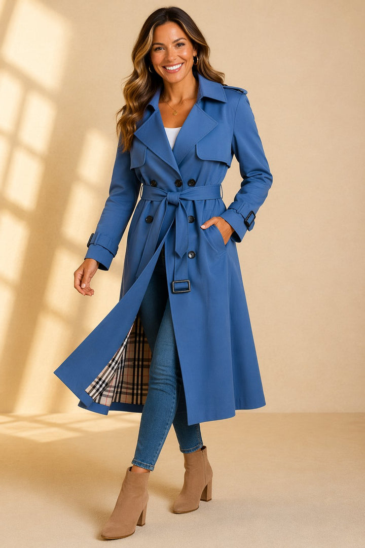 Allsidig dobbelspent trench coat for kvinne, elegant og med belte, passer for vår og høst.