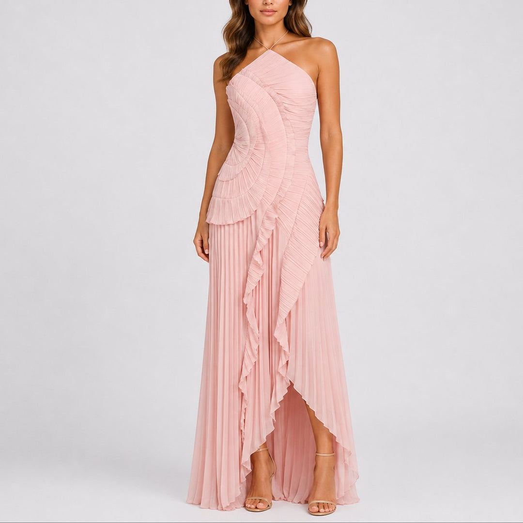 Dame aftenkjole: Elegant lilla halterneck maxi kjole med plissert skjørt for formelle fester.