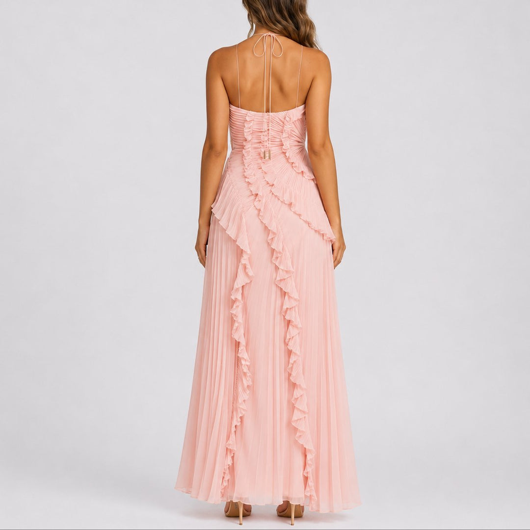 Vakker plissert halterneck maxi kjole for dame, elegant bryllupsgjest kjole eller festkjole.