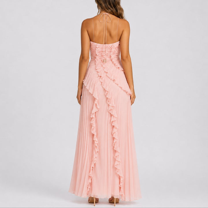 Vakker plissert halterneck maxi kjole for dame, elegant bryllupsgjest kjole eller festkjole.