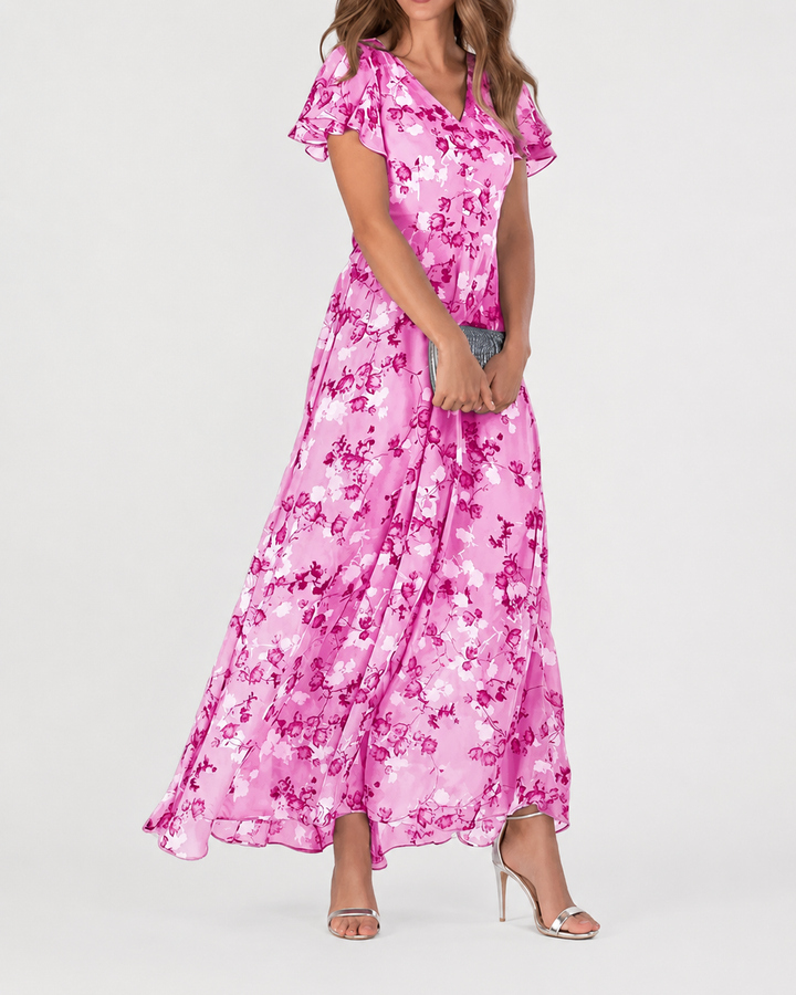 Elegant lang blomsterkjole for kvinner, feminin V-hals og komfortable flatterende ermer. Ideell sommerkjole.