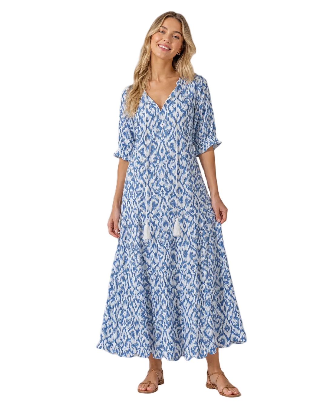 Kvinners boho vintage sommerkjole med V-hals, blomstermønster og ermeløs design. Perfekt hverdagskjole.