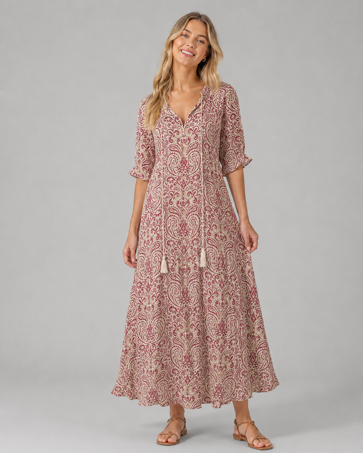 Allsidig kvinnesommerkjole, boho vintage stil med V-hals, blomster og ermeløs. Passer som hverdags- og festkjole.