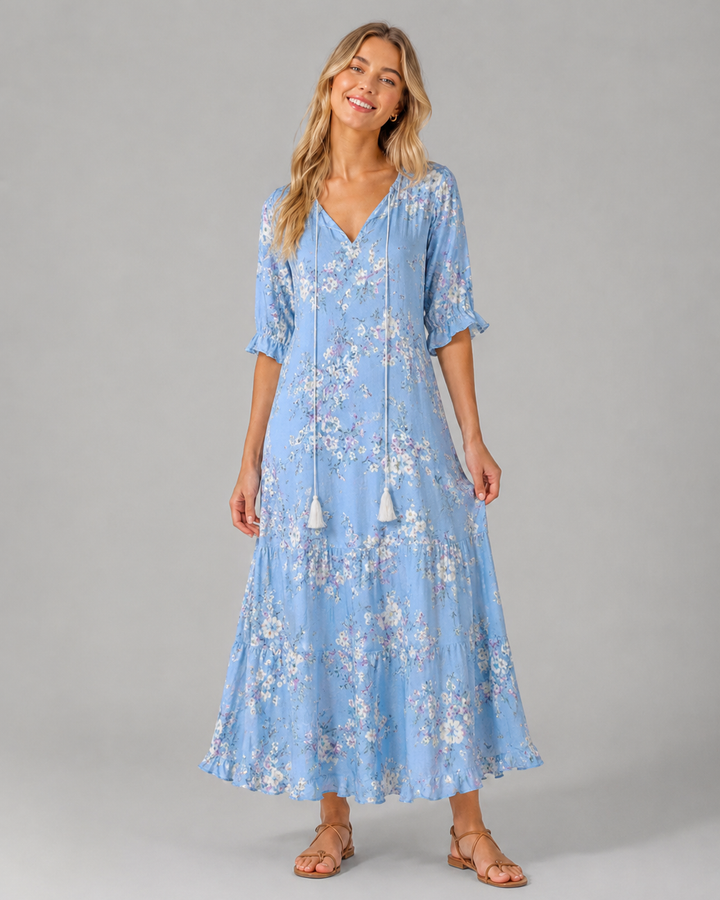 Komfortabel hverdagskjole for kvinner, ermeløs boho vintage stil med V-hals og sommerlig blomstermønster.