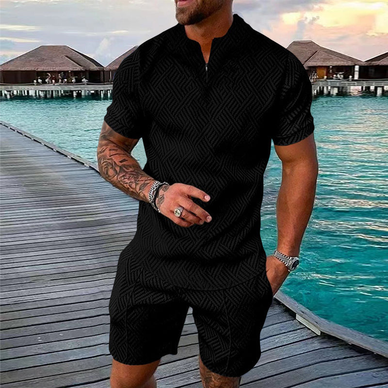 Sommersett for menn: trykt kort erm polo T-skjorte og matchende shorts for solfylte dager.