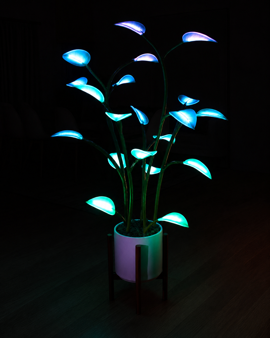 Moderne energieffektiv LED-lampe, formet som en plante med dynamisk fargeveksling for hjemmet.