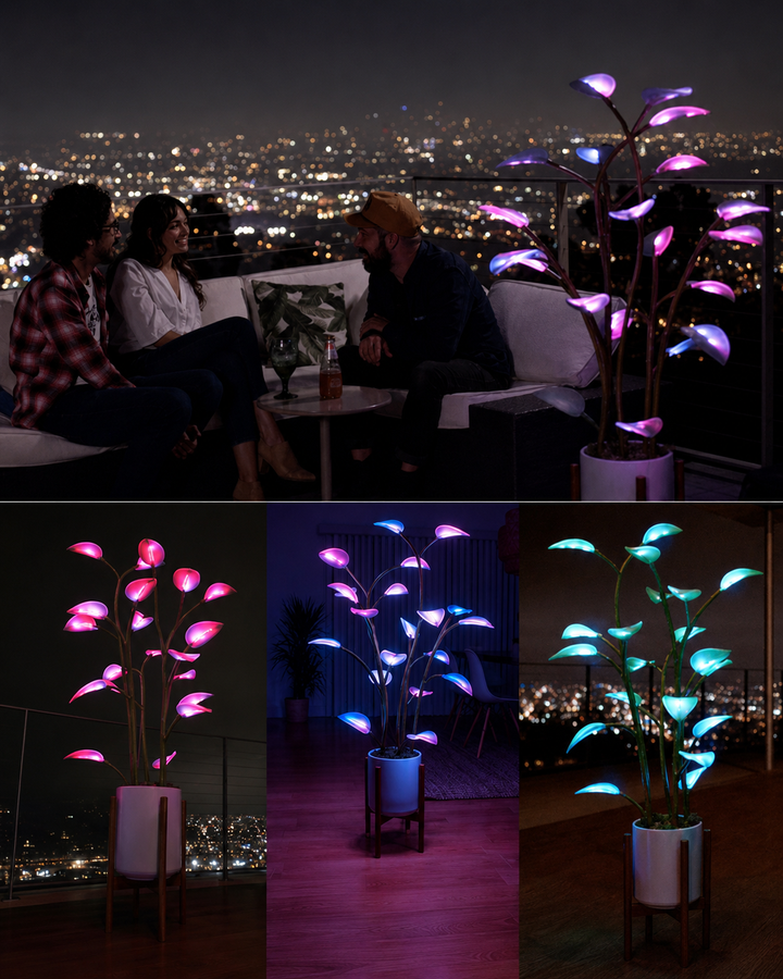 Innovativ LED-stemningslampe med fargeveksling og organisk planteform. Perfekt for moderne hjem.