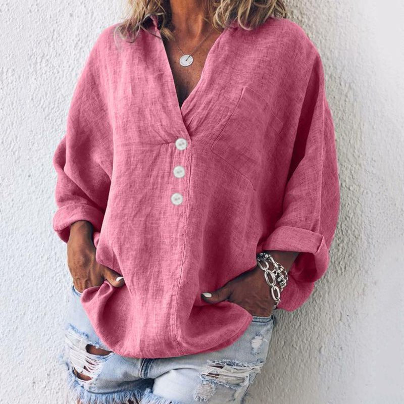 Dame V-hals linbluse, oversized passform, løs og komfortabel sommerstil, perfekt for hverdag og kontor.