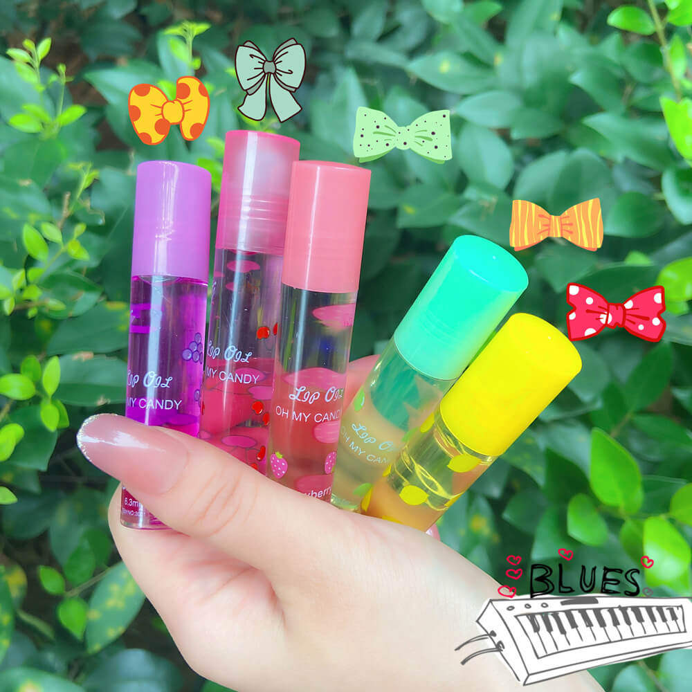 Rulleball lipgloss sett med 6 fruktsmaker. Glansfull og fuktighetsgivende sminke for kvinner på farten.