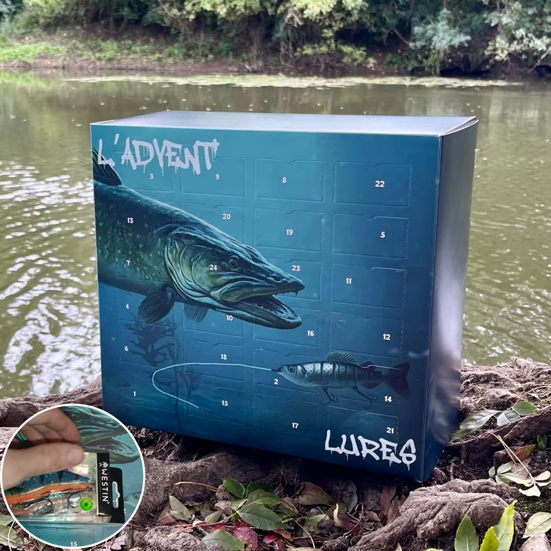Julefisk Blindboks adventskalender for sportsfiskere, med 24 fiskeglad overraskelser og fiskeutstyr.
