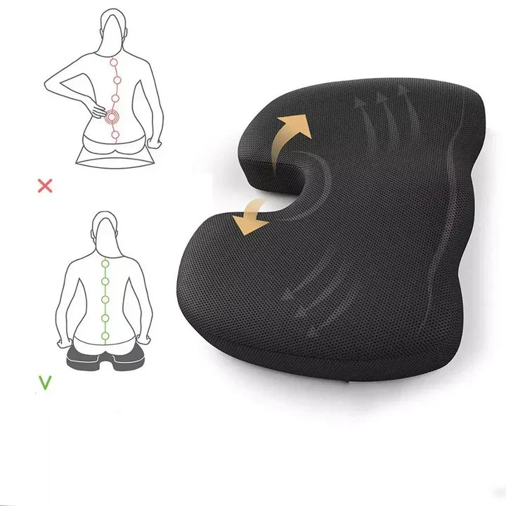 Kjølende svart sittepute i memoryskum og gel. Ergonomisk design for optimal komfort og avlastning i kontorstol/bil.