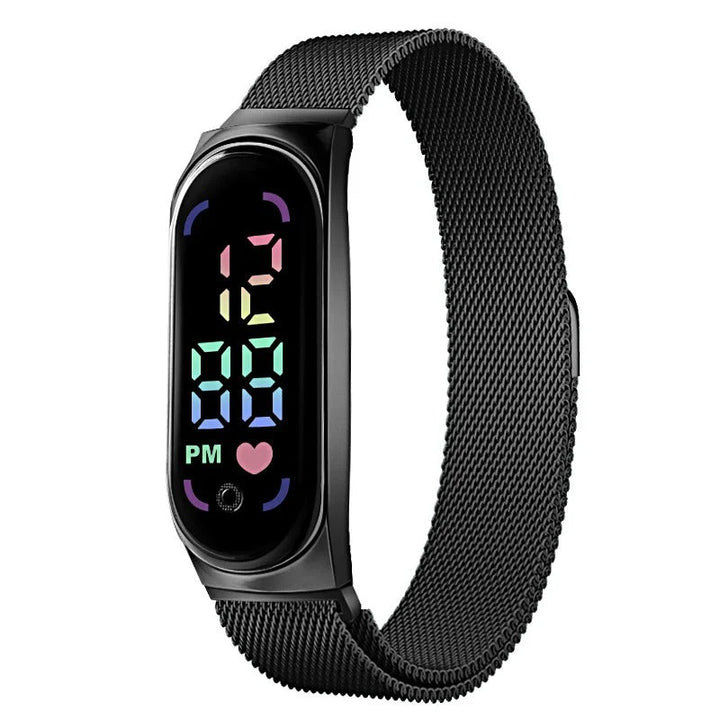 Vanntett LED-dameklokke med digital tidsvisning og praktisk magnetrem, et moderne armbåndsur for kvinner.