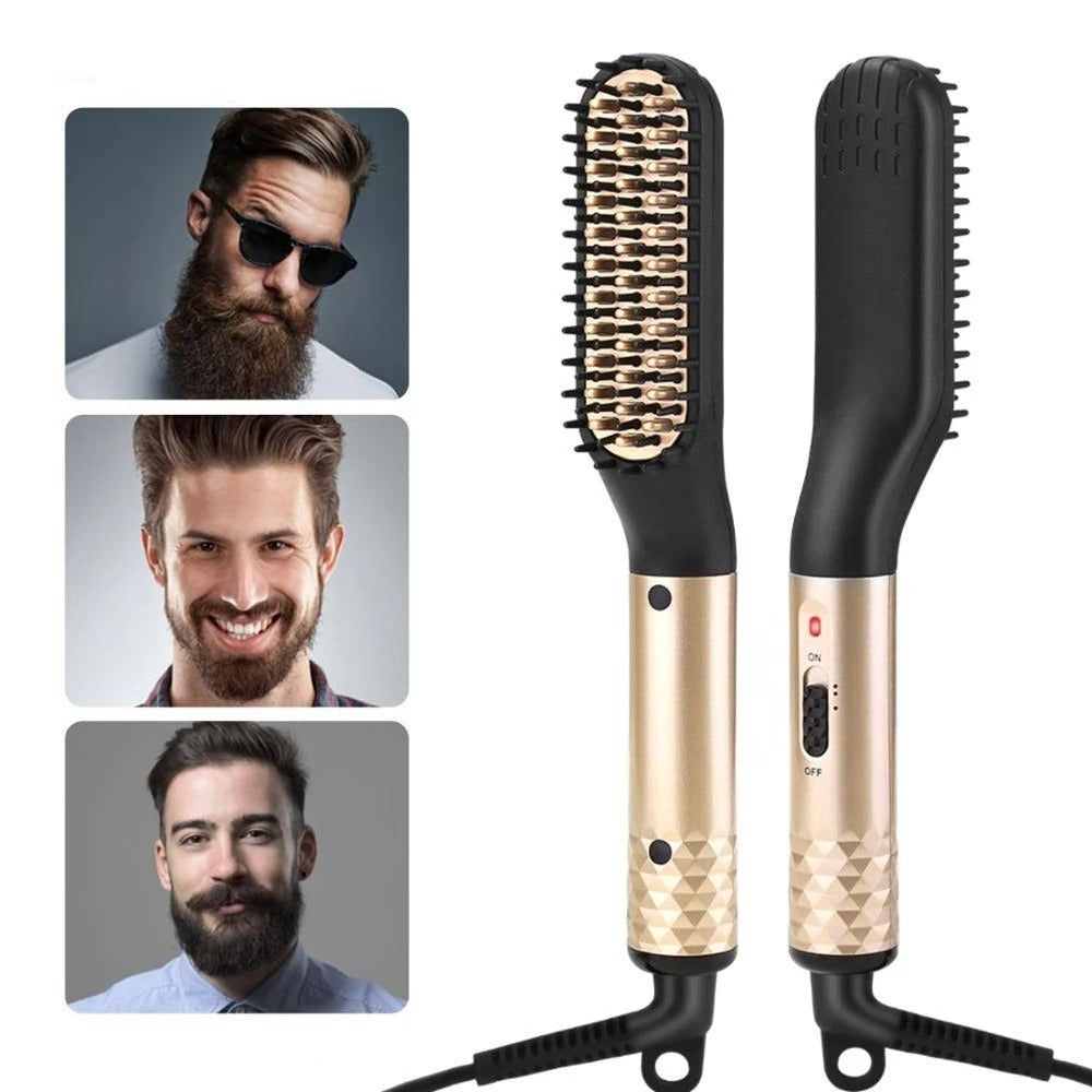 Mann styler sitt skjegg med ionisk varmebørste. Oppnå perfekt grooming og et velpleid look.