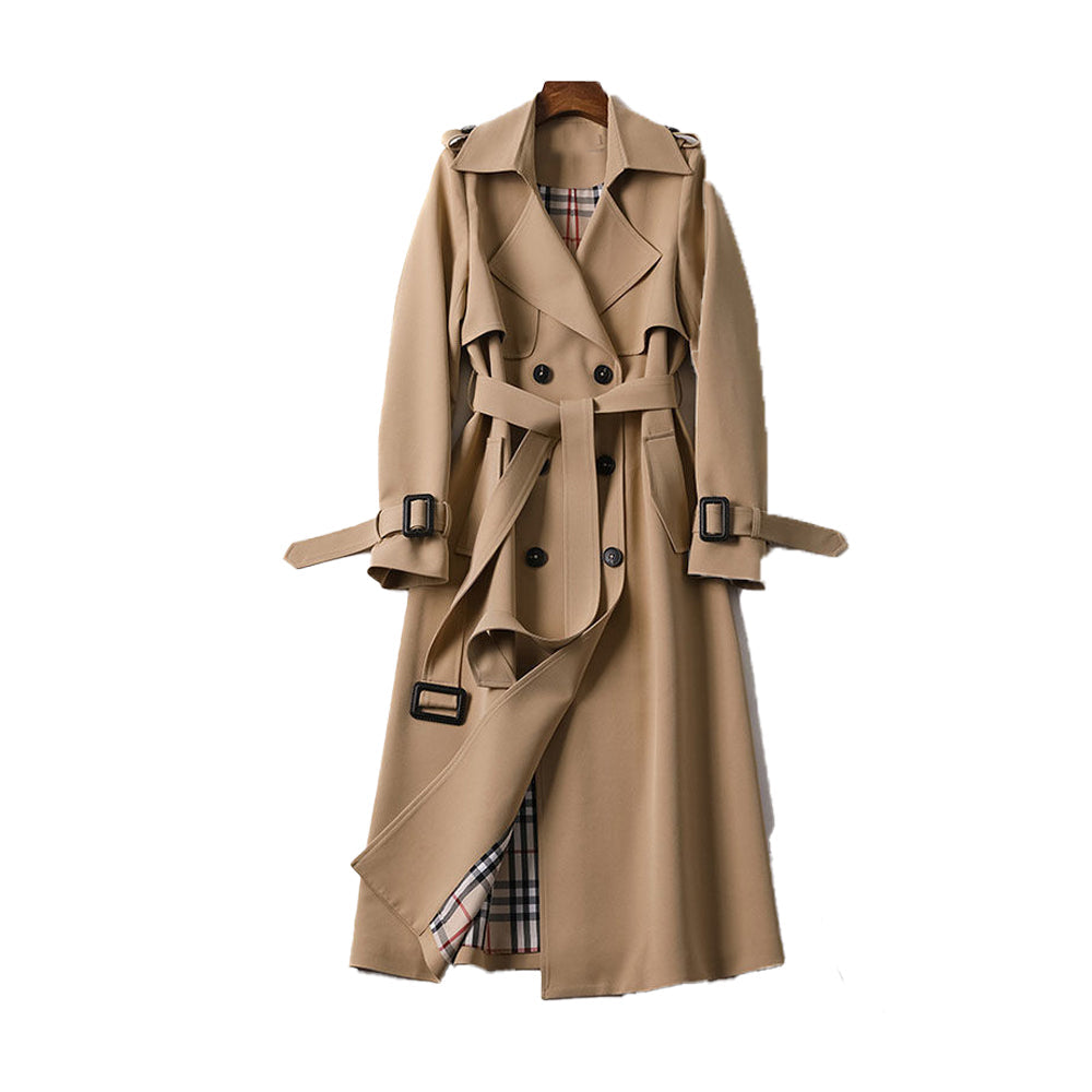 Klassisk dame trenchcoat med dobbel rad, belte og elegant snitt for vår og høst.