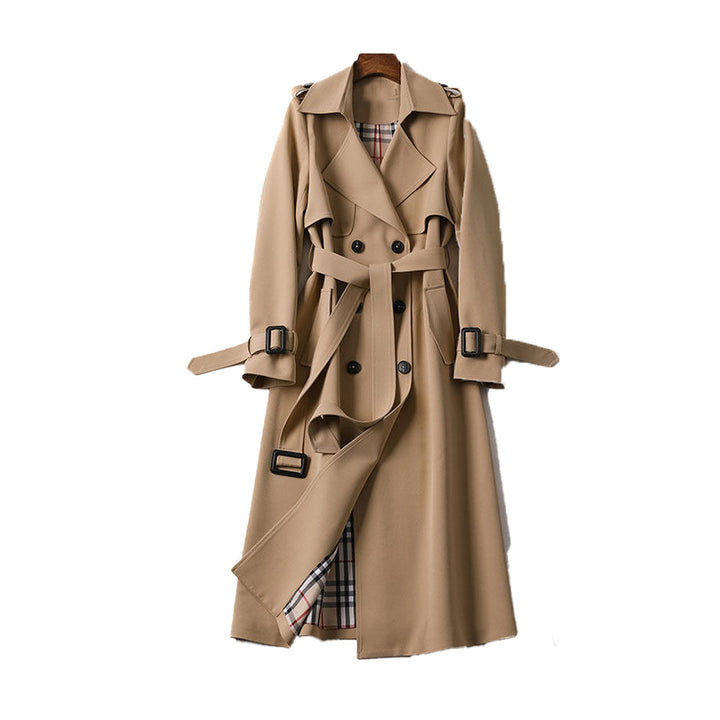 Klassisk dame trenchcoat med dobbel rad, belte og elegant snitt for vår og høst.