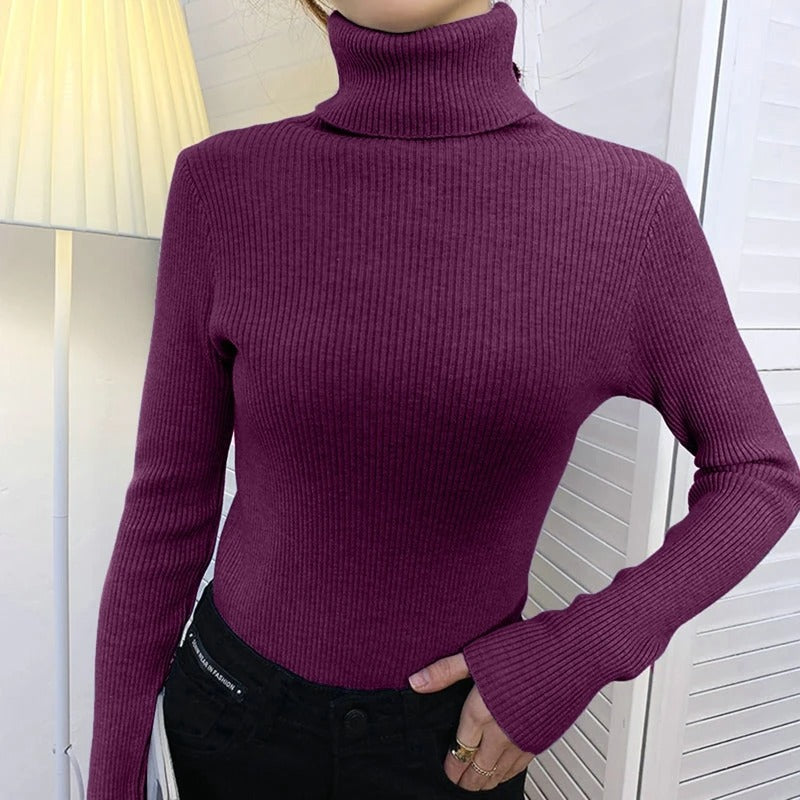 Feminin rullehals topp i mykt materiale, ideell for enhver anledning og årstid.