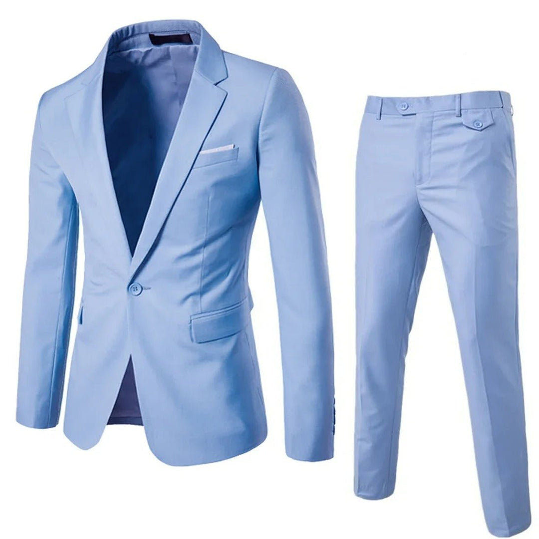 Menn iført stilig slim fit herredress sett, fremhever passform og elegant stil for business.