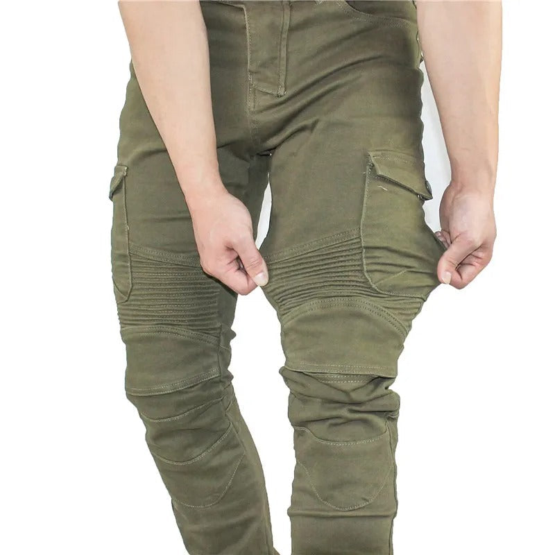 Slitesterke og komfortable herre motorsykkeljeans i denim, designet for sikkerhet og bevegelsesfrihet.