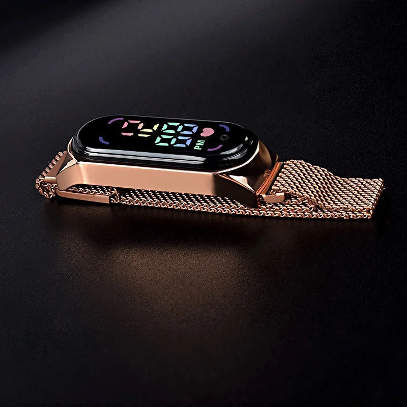 LED-klokke for kvinner med unik magnetrem, sikrer perfekt passform for dette elegante digitale armbåndsuret.