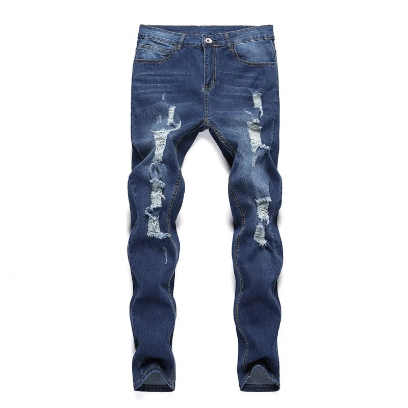 Streetwear-inspirerte skinny jeans for menn, med autentiske rifter, vask og slim-fit design.