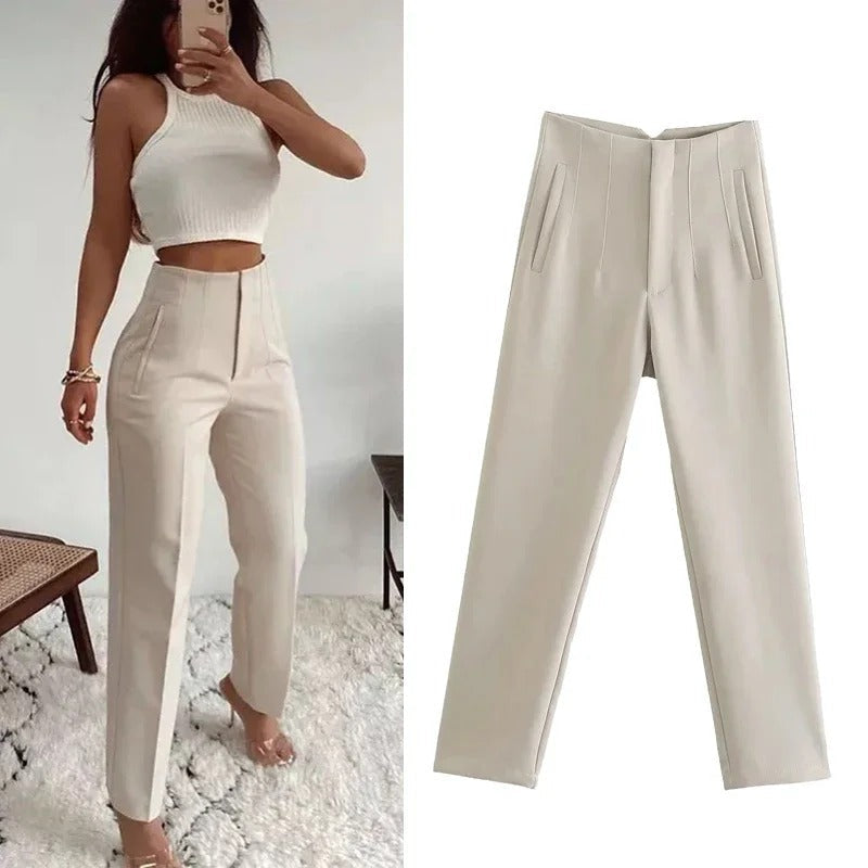 Slimfit damebukser med høy midje; elegant design perfekt for formelle eller uformelle settinger.