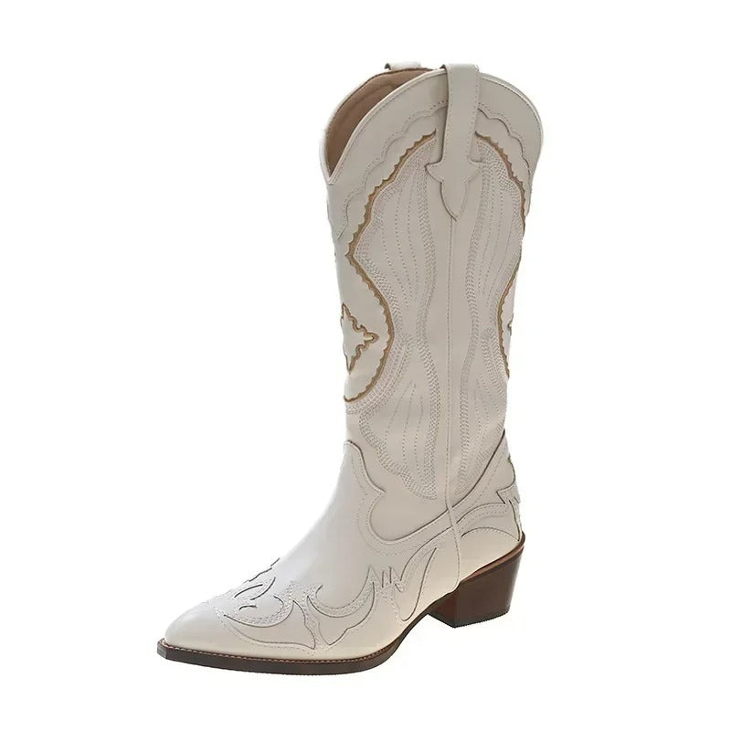 Broderte midcalf-støvler for kvinner, western chic, med komfortabel passform og spiss tå.