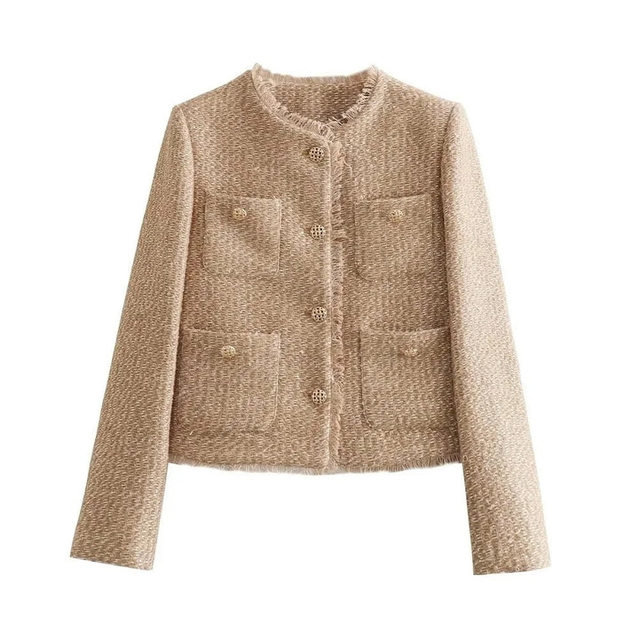 Elegant kort jakke for kvinner med vevd tekstur. Perfekt for vår og høst mote.