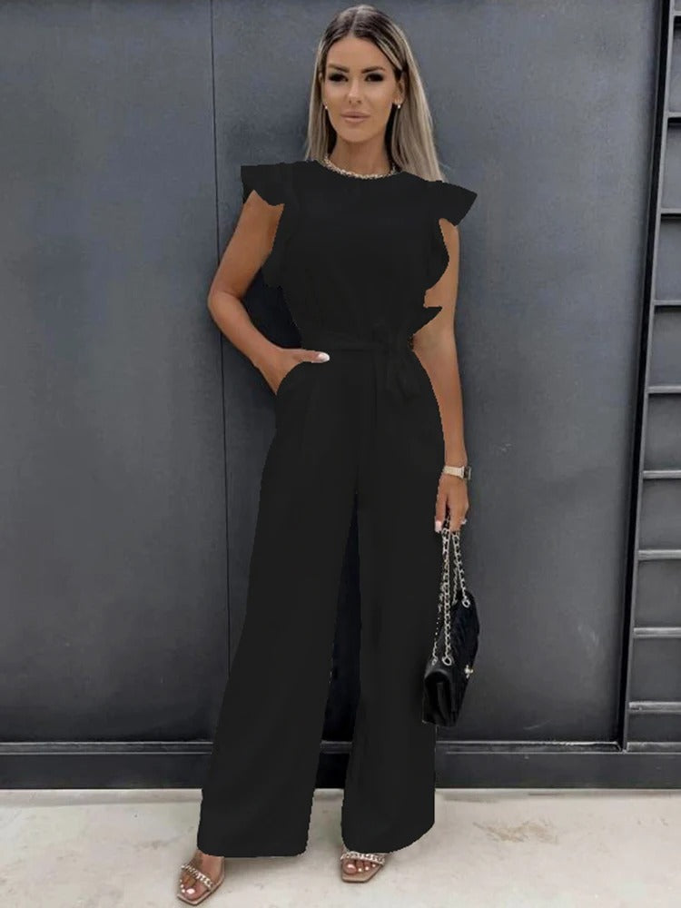 Damejumpsuit, elegant og behagelig, med volangermer og belte for en komplett look.