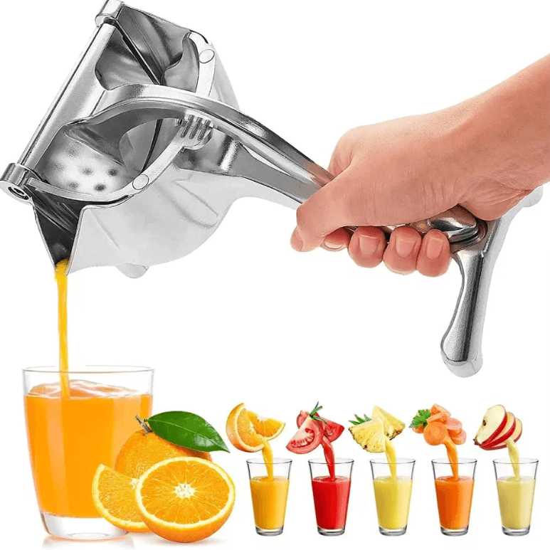 Manuell fruktpresse i rustfritt stål, elegant sitruspresse for fersk juice, essensielt kjøkkenutstyr.
