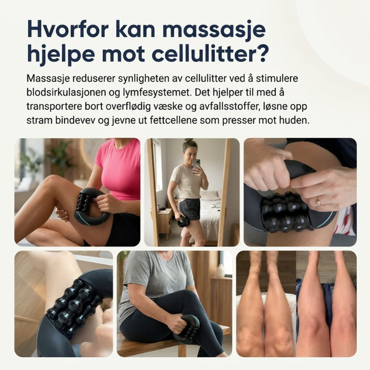 Kvinne bruker elektrisk massasjerulle på låret for å redusere cellulitter og oppnå glatt hud hjemme.