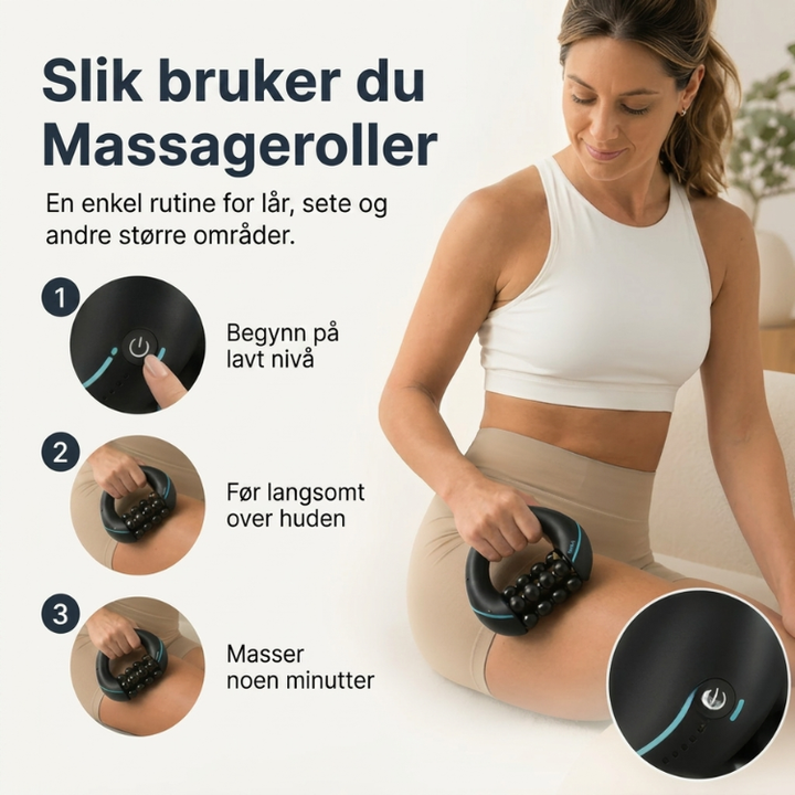 Nærbilde av elektrisk massasjerulle med roterende hoder, designet for effektiv cellulitt- og muskelmassasje.