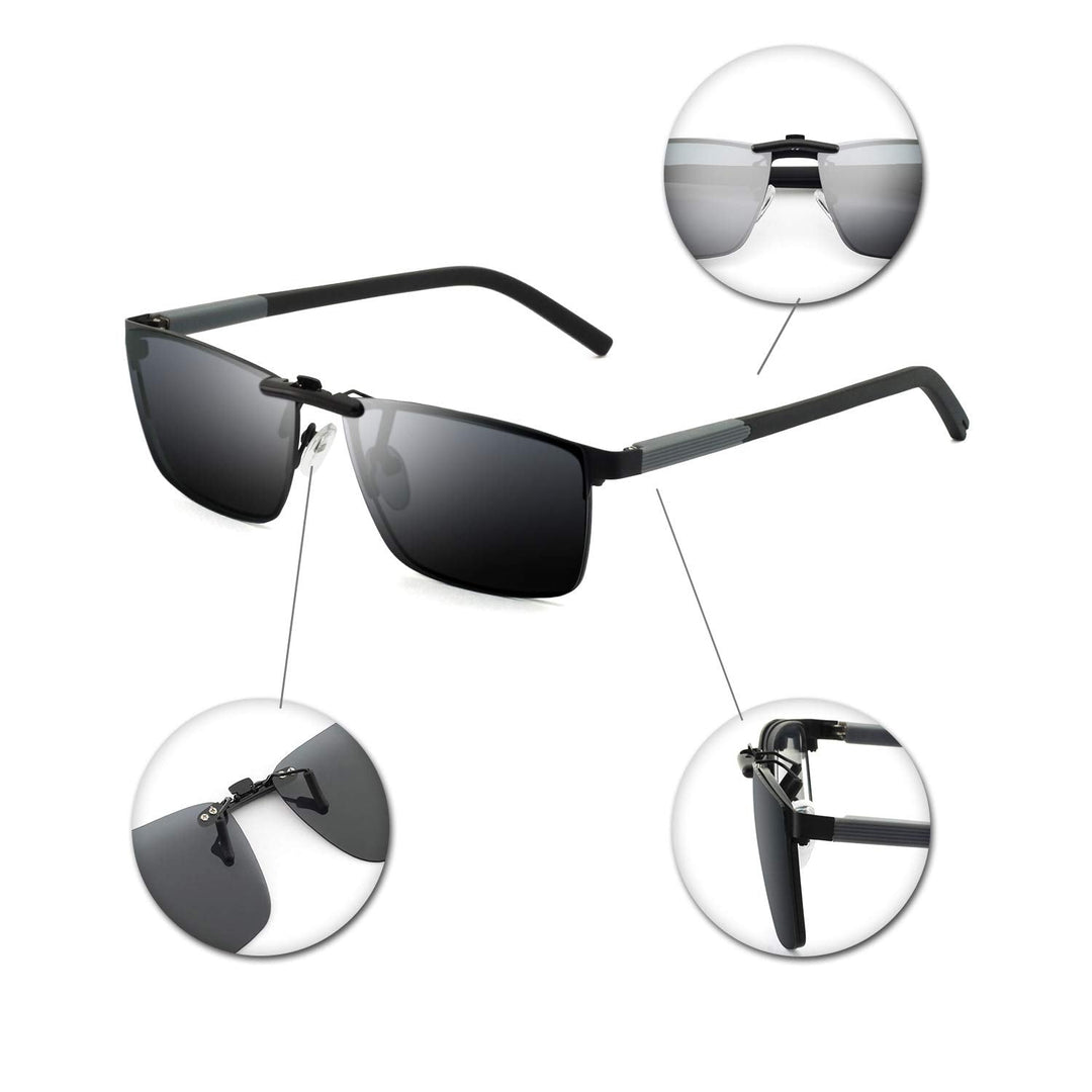 Ergonomiske unisex klips-solbriller, polariserte for maksimal øyekomfort og UV-beskyttelse.
