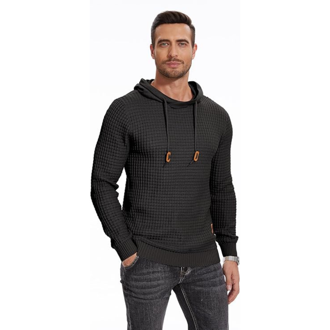 Menns casual hettegenser med lappete detaljer. Pullover-stil med hette og praktisk snøring for mote.