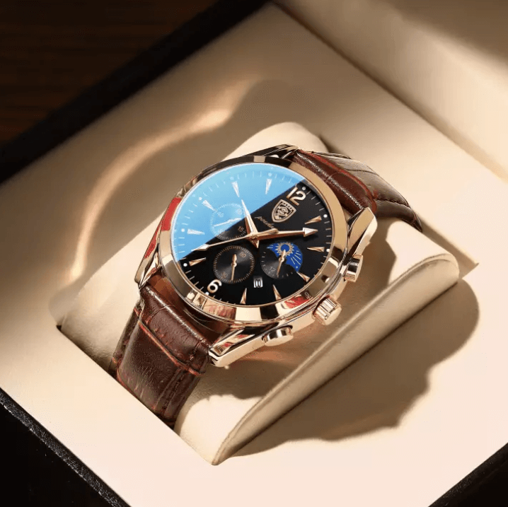 Minimalistisk herre armbåndsur med lærrem. Elegant, klassisk klokke i rustfritt stål for menn.