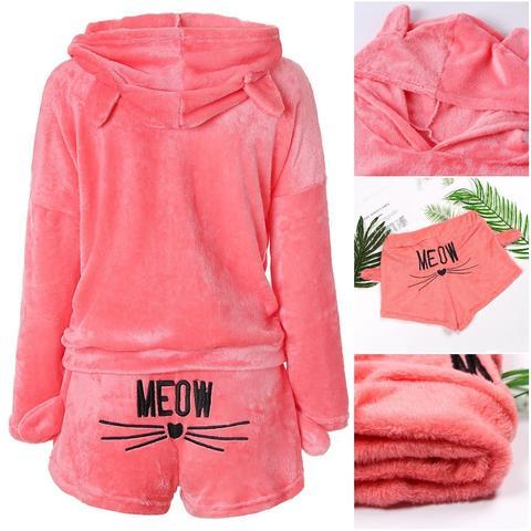 "Meow" katt pyjamasett for barn, koselig termisk hjemmeklær for vinteren.