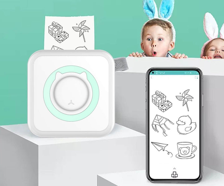 Enkel å bruke lommeskriver. Trådløs Bluetooth-tilkobling, ideell for etiketter, notater og små bilder.