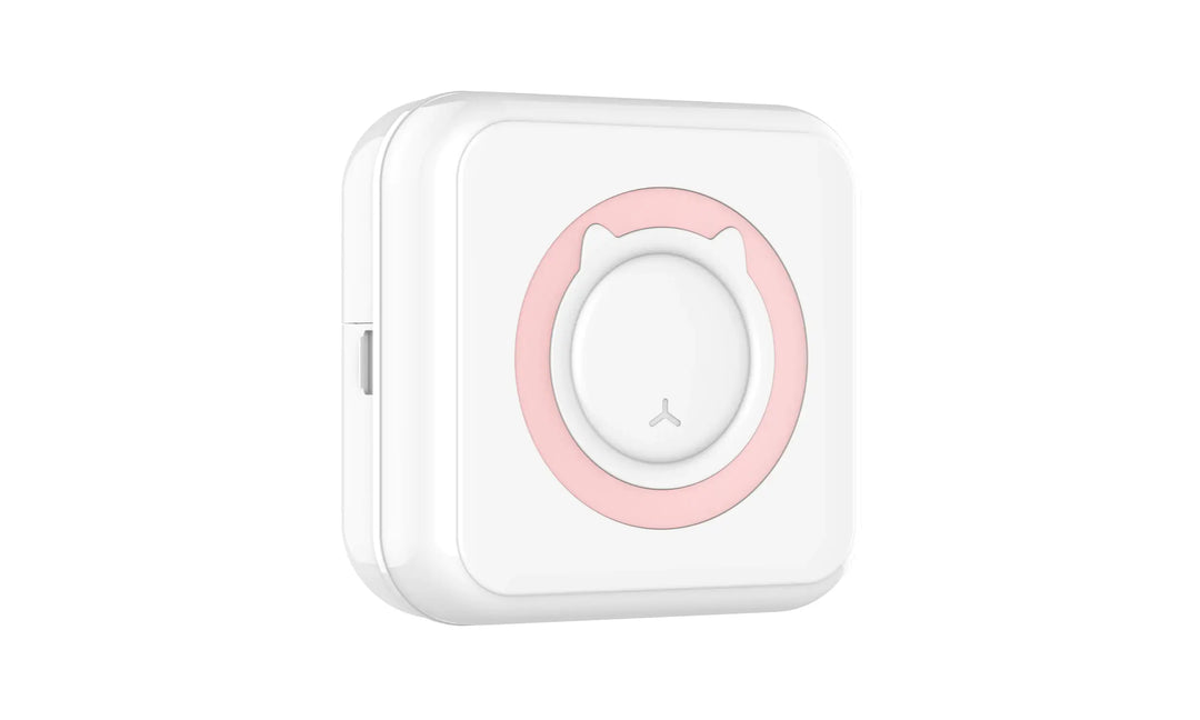 Kompakt lommeskriver i hvit farge, perfekt for utskrift av etiketter og notater fra mobil via Bluetooth.
