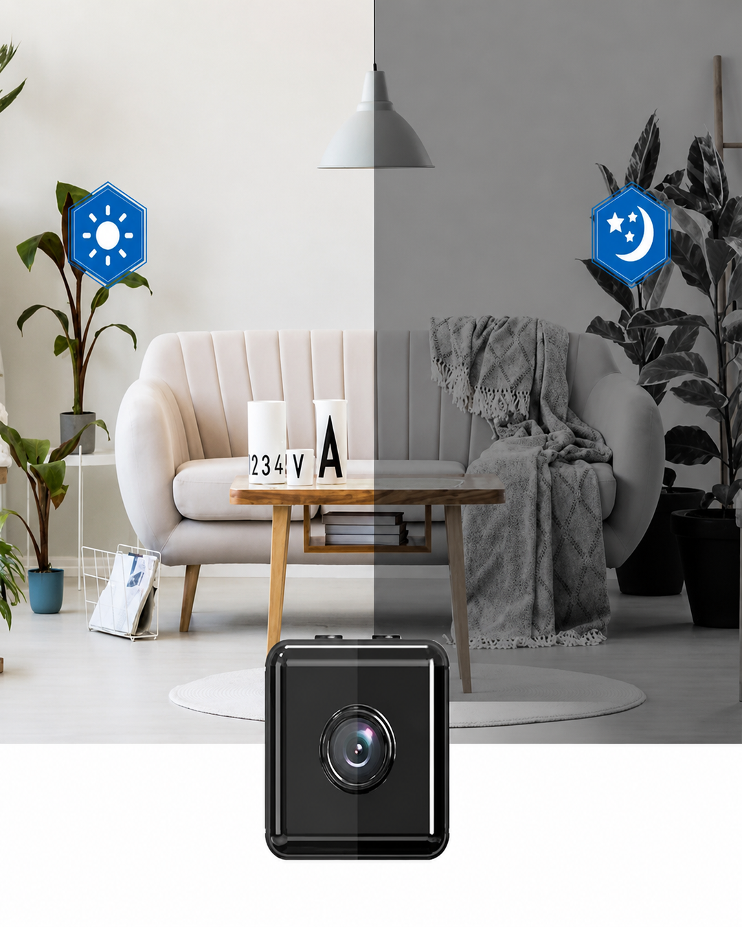 Mini WiFi sikkerhetskamera med 1080P oppløsning, trådløs tilkobling og hjemmesikkerhet.