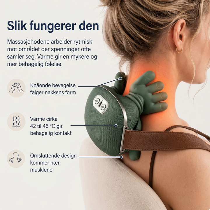 Ergonomisk elektrisk massasjeapparat for dyp knådning og varmeterapi. Lindrer nakke- og skuldersmerter.