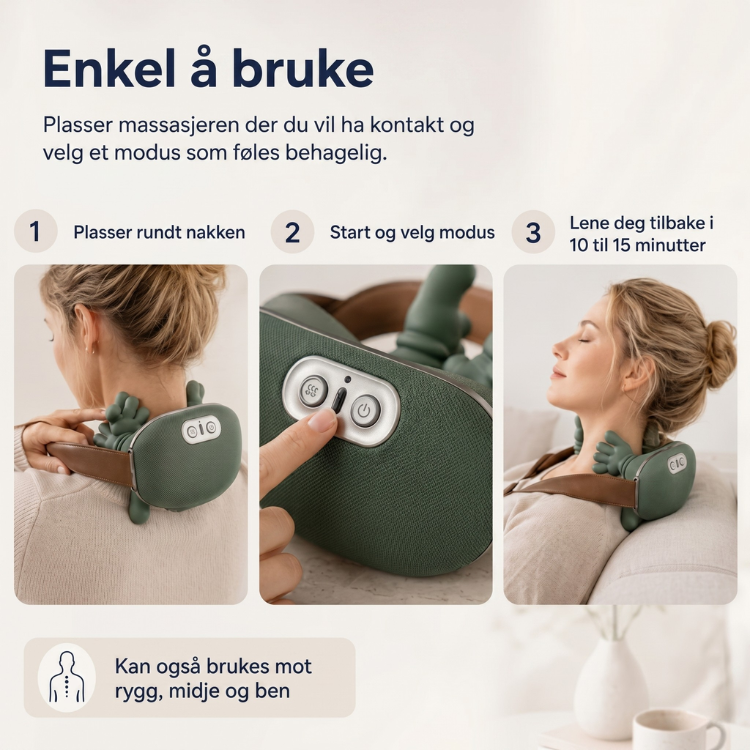 Bærbart massasjeapparat for skuldermassasje og ryggmassasje. Gir varmeterapi og muskelavslapning. USB-lading.