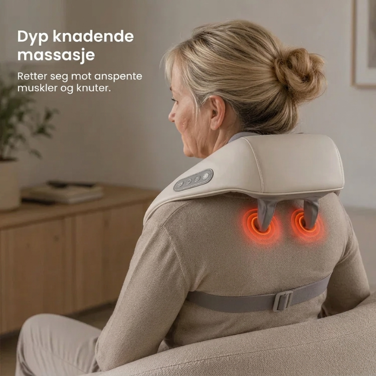Nakkemassasjeapparat med varme og trådløs funksjon, gir smertelette og dyp velvære for kroppen.