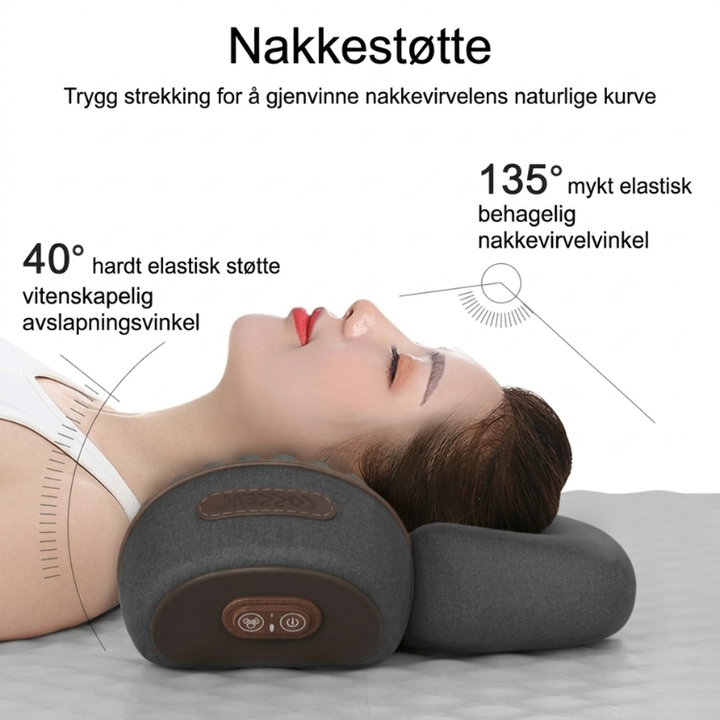3-i-1 nakkepute med vibrasjonsmassasje og varme. Lindrer stiv nakke og muskelspenninger effektivt.